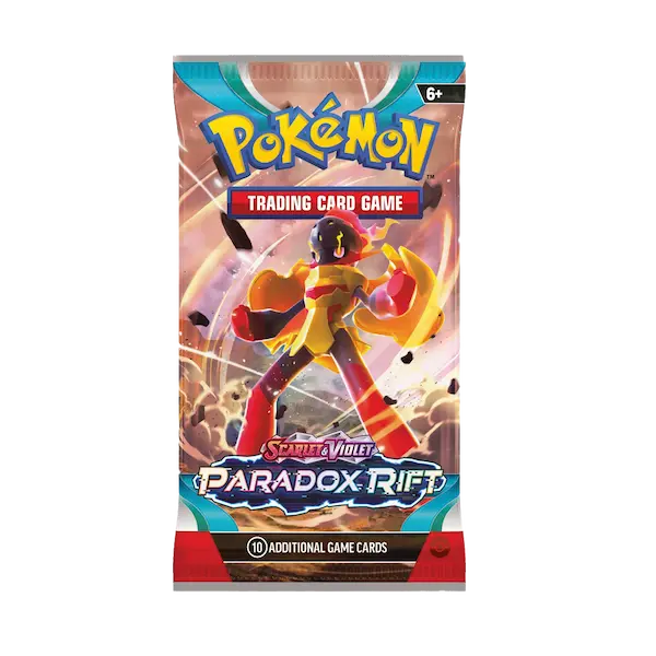 Pokémon SV04 Paradox Rift booster pack featuring vibrant artwork and 10 additional game cards.
