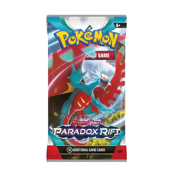 Pokémon SV04 Paradox Rift booster box featuring Roaring Moon and vibrant colors for live-stream opening.