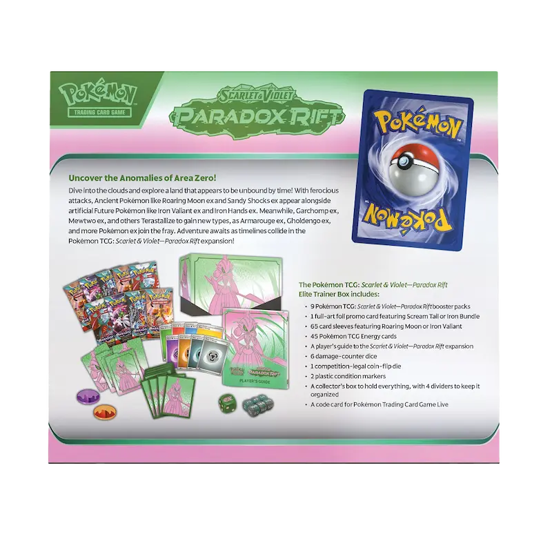 Pokémon Paradox Rift Elite Trainer Box featuring cards, dice, and game materials for Area Zero adventures.
