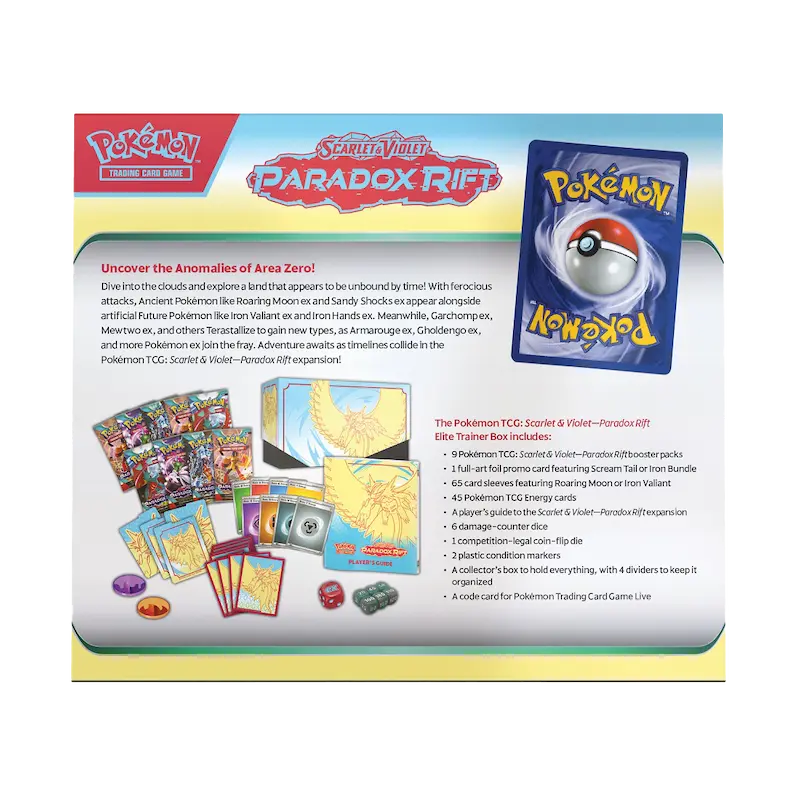Paradox Rift Elite Trainer Box featuring Pokémon SV04, showcasing cards and contents from the Area Zero exploration.