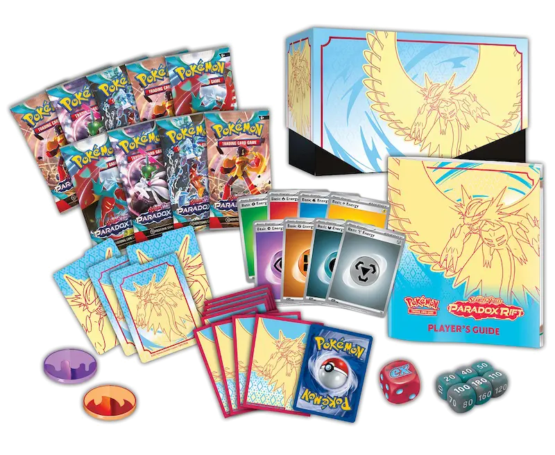 Paradox Rift Elite Trainer Box featuring Roaring Moon, Pokémon cards, player's guide, and tokens from Pokémon SV04.