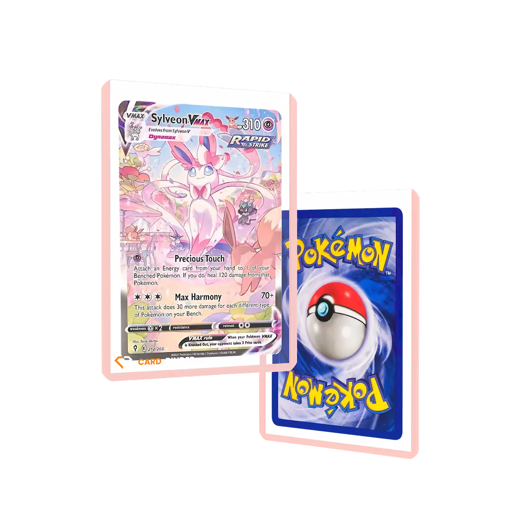 Pink Border Toploaders showcasing Sylveon VMAX card with pastel pink frame for high-visibility protection.