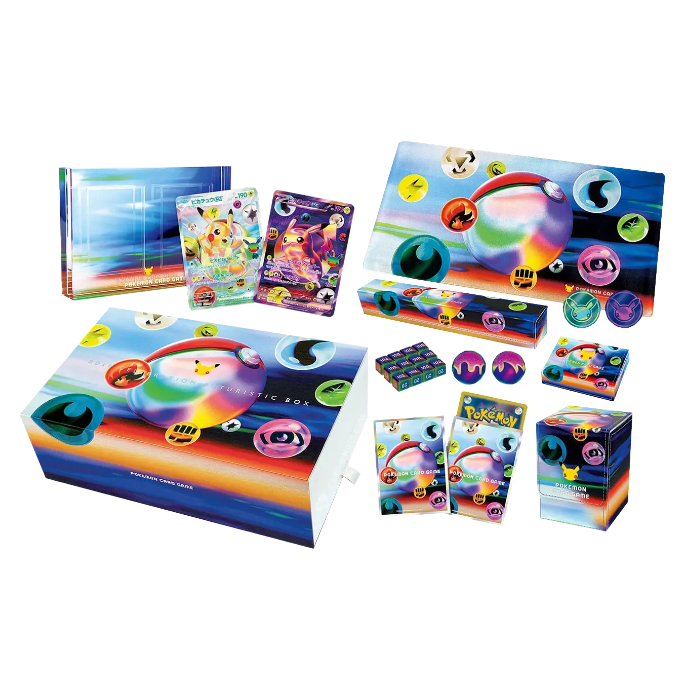 Colorful Pokémon card collection box featuring various cards and exclusive items, showcasing a vibrant design and playful graphics.