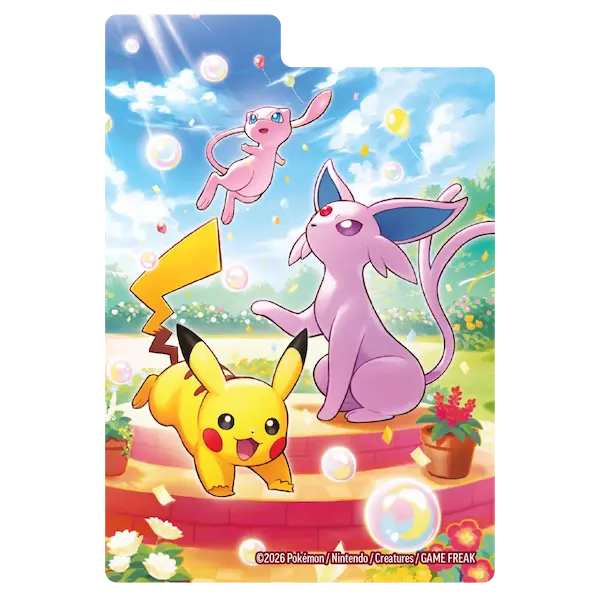 Pikachu, Espeon, and Mew celebrating in a vibrant garden for the 30th Celebration Ultra Premium Collection - Day Out.
