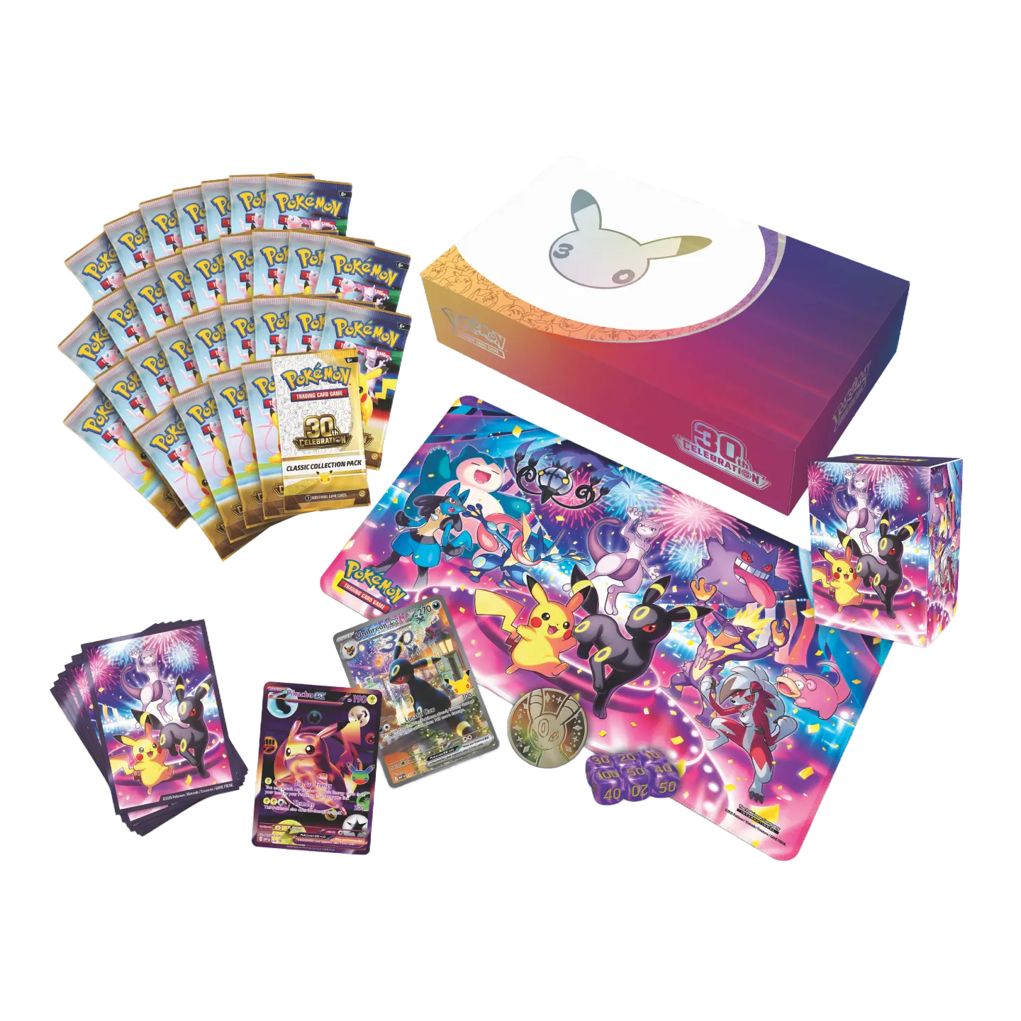 30th Celebration Ultra Premium Collection - Night Out with Pokémon cards, collection box, and accessories.