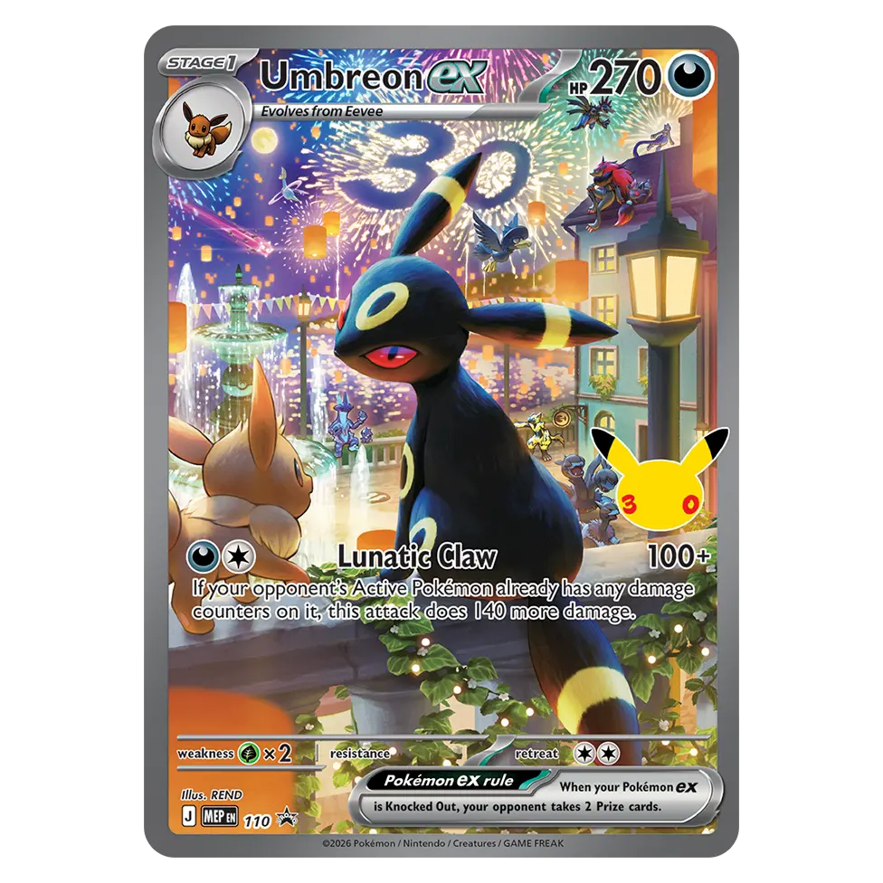 30th Celebration Ultra Premium Collection - Night Out featuring Umbreon ex card with Pikachu.