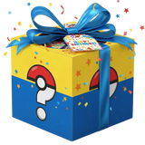 Pokémon Birthday Mystery Box wrapped with a blue ribbon and confetti, perfect for Pokémon-themed gifts and surprises.