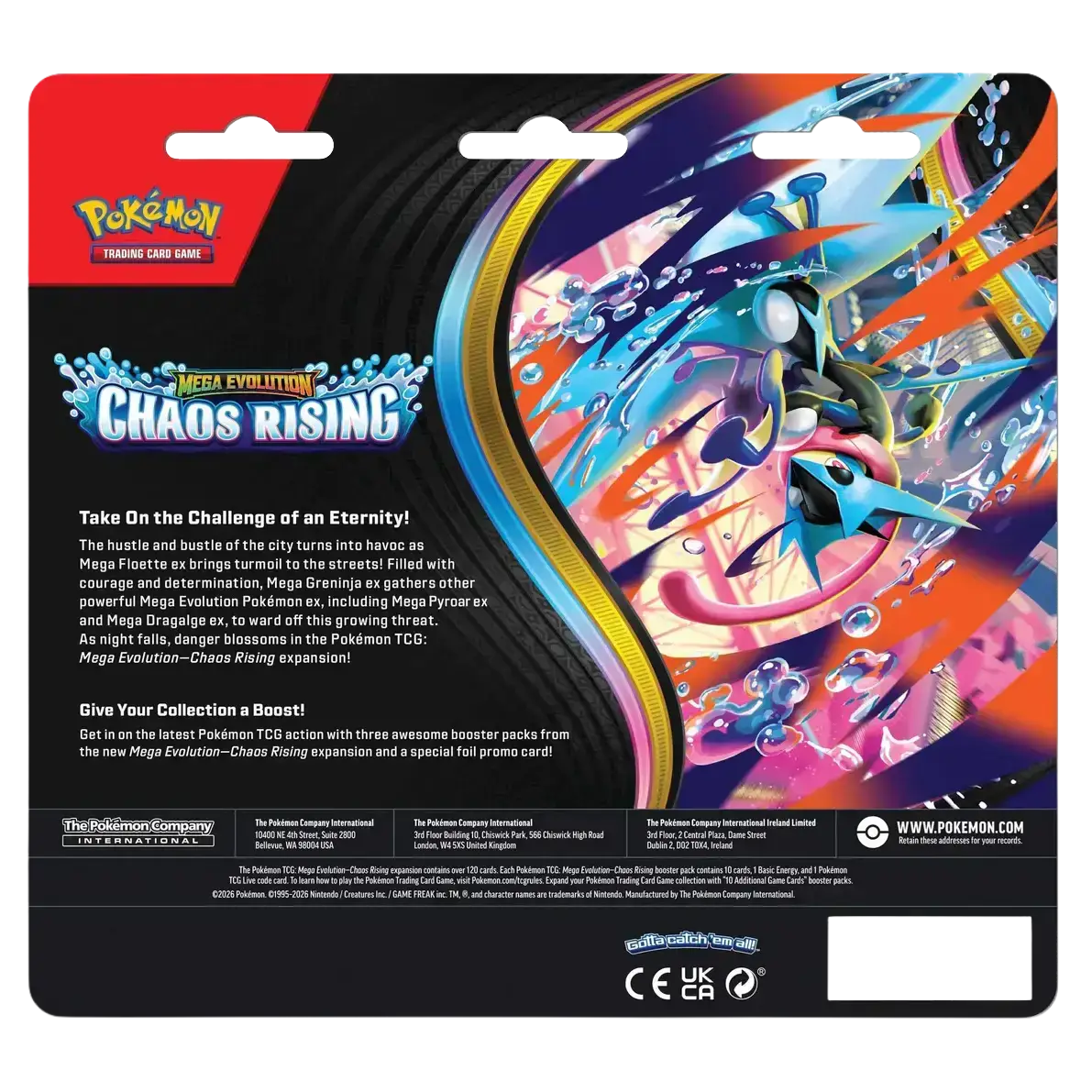 Chaos Rising 3-Pack Blister featuring Mega Evolution characters, Pokémon artwork, and booster packs for the TCG.