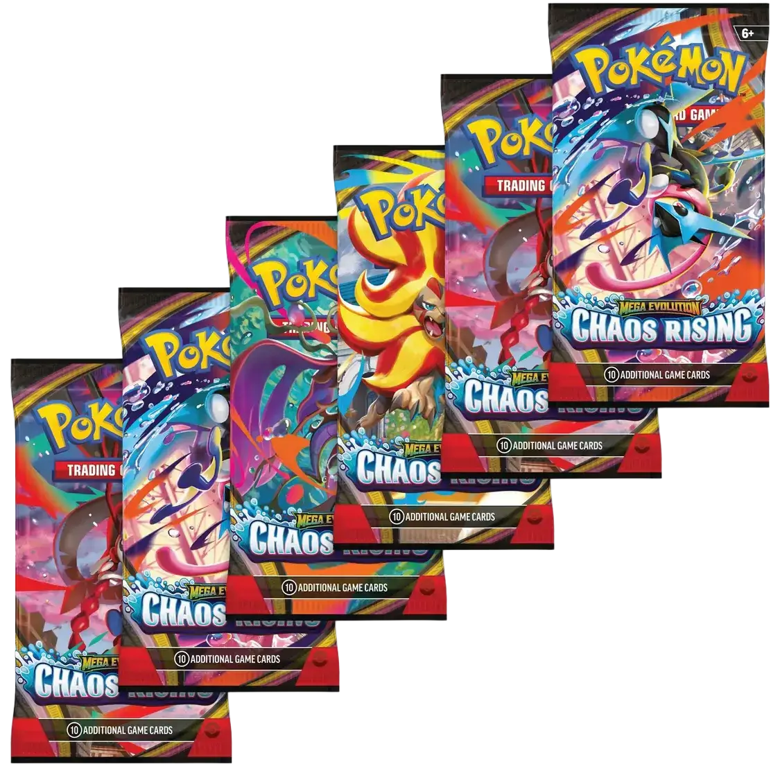 Chaos Rising Booster Bundle featuring 6 Booster Packs from the Pokémon Mega Evolution series.