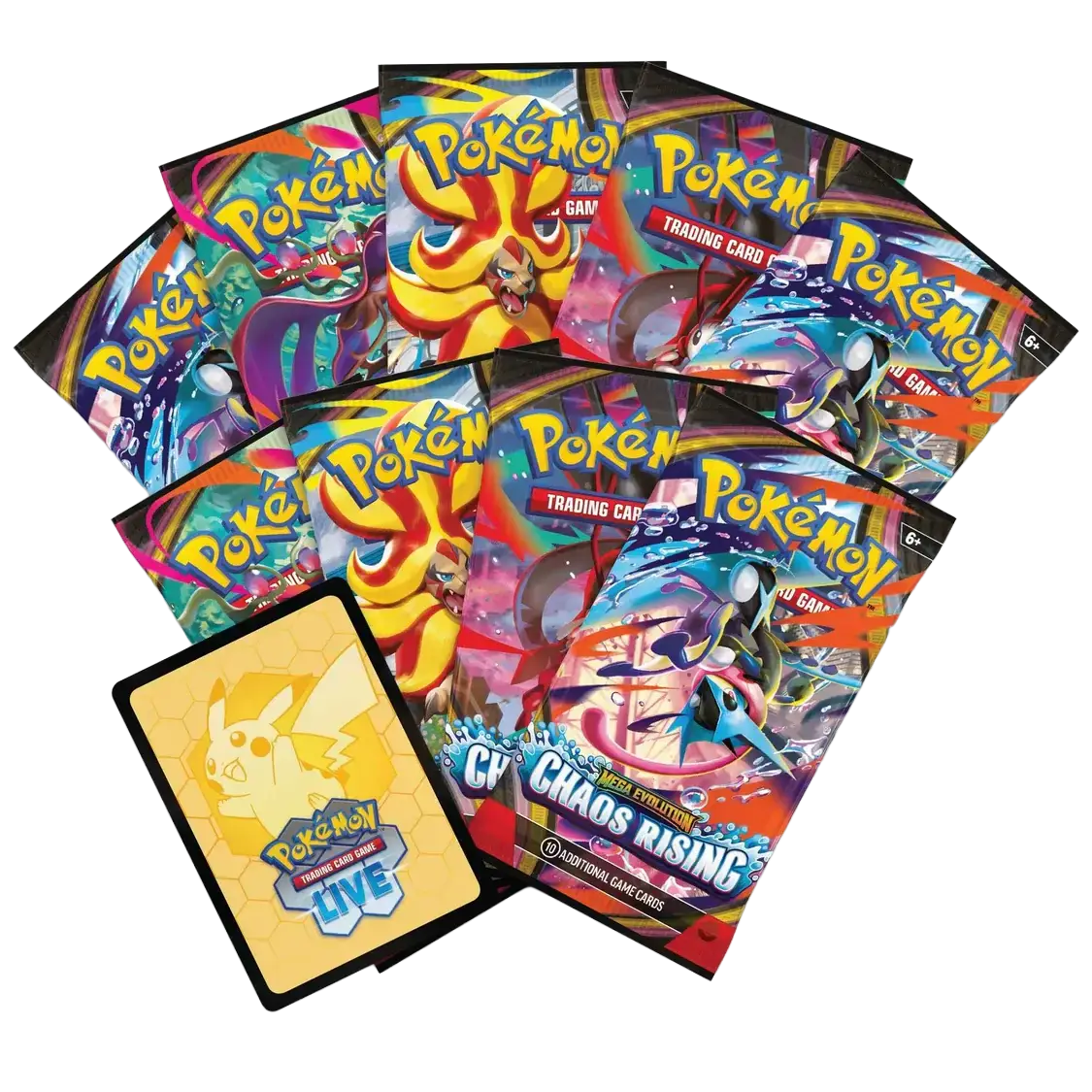 Chaos Rising Elite Trainer Box with 9 booster packs and Pokémon TCG Live code card.