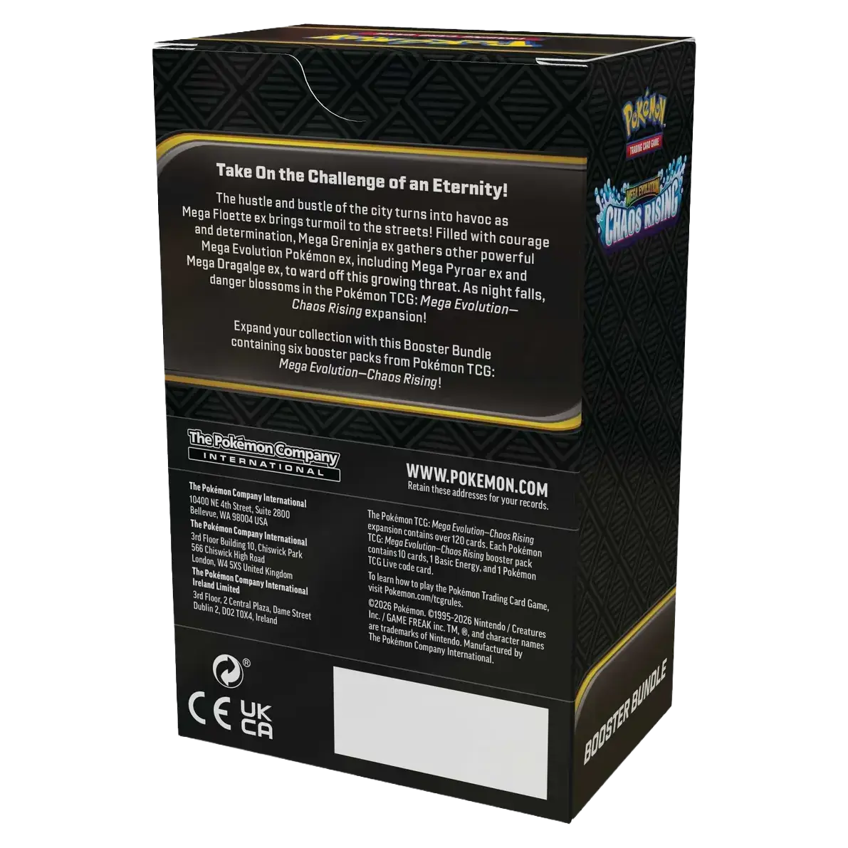 Chaos Rising Booster Bundle featuring 6 Booster Packs from Pokémon Mega Evolution expansion.
