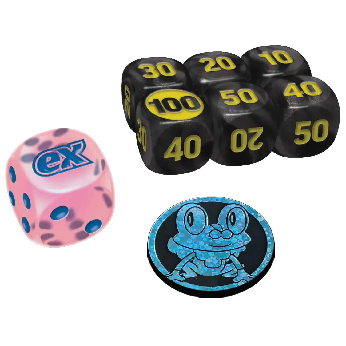 Chaos Rising Elite Trainer Box includes unique game dice and counters for Pokémon TCG gameplay.
