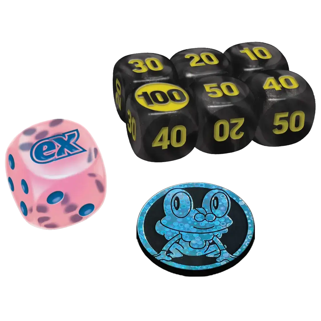 Chaos Rising Elite Trainer Box includes unique game dice and counters for Pokémon TCG gameplay.