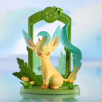 Pokémon Eevee Blind Box featuring a Leafeon figure surrounded by greenery and flowers, perfect for collectors and fans.