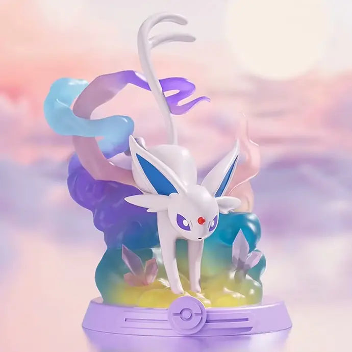 Eevee figure blind box featuring a stylish resin figure of Espeon with colorful clouds and crystals, perfect for Pokémon fans.