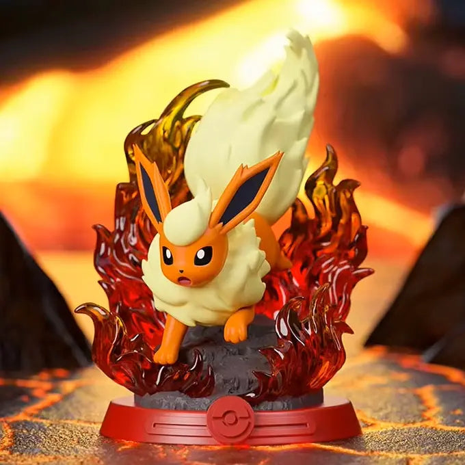 Pokémon Blind Box Eevee Figure gift set featuring fiery Flareon resin display on a lava-like base.
