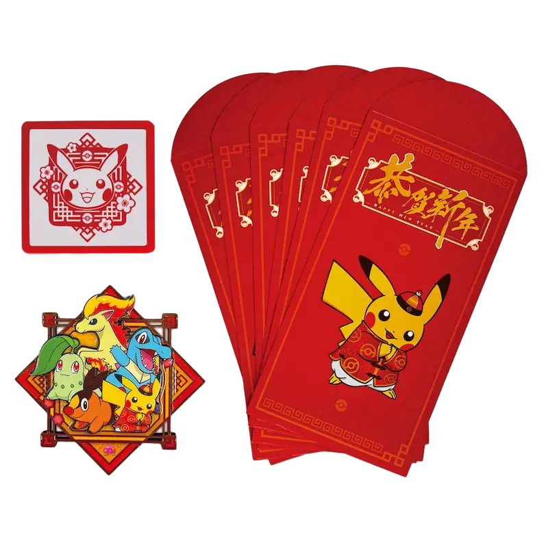 Chinese Lunar New Year Gift Box 2026 featuring Pokémon themed red envelopes and a fridge magnet.
