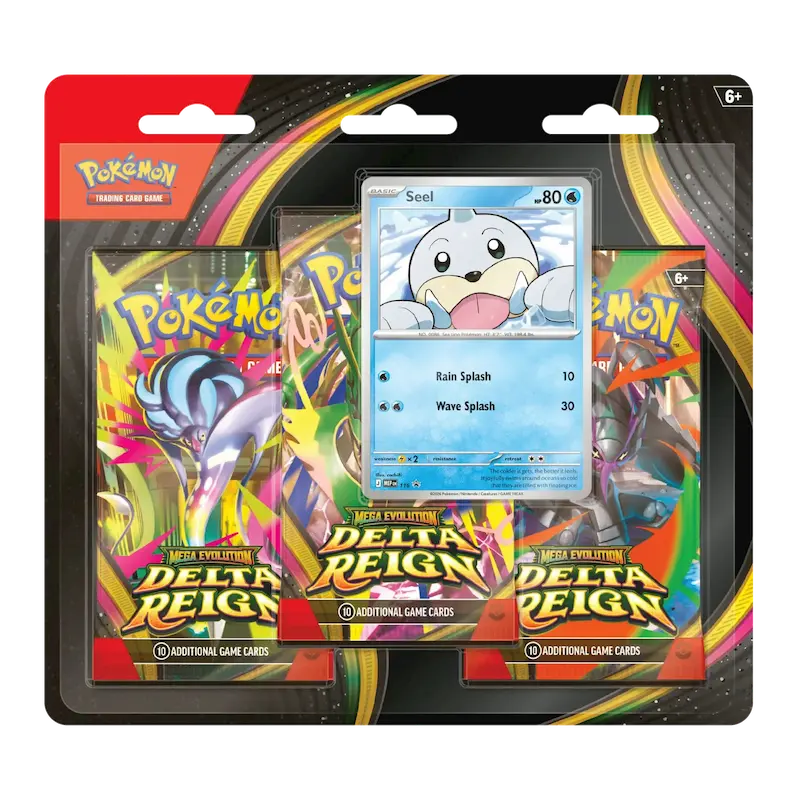 Delta Reign 3-Pack Blister (Live-stream) featuring Seel card and booster packs from the Pokemon TCG Delta Reign expansion.