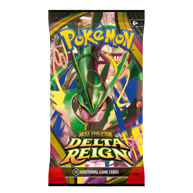 Pokemon Delta Reign 3-Pack Blister (Live-stream) featuring Mega Rayquaza and colorful graphic design.