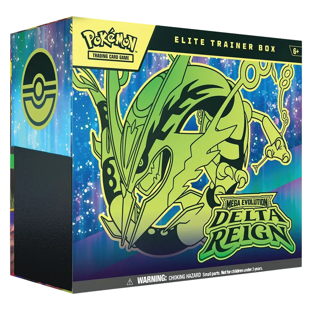Delta Reign Elite Trainer Box (Live-stream) featuring Mega Rayquaza and colorful design, perfect for collectors.