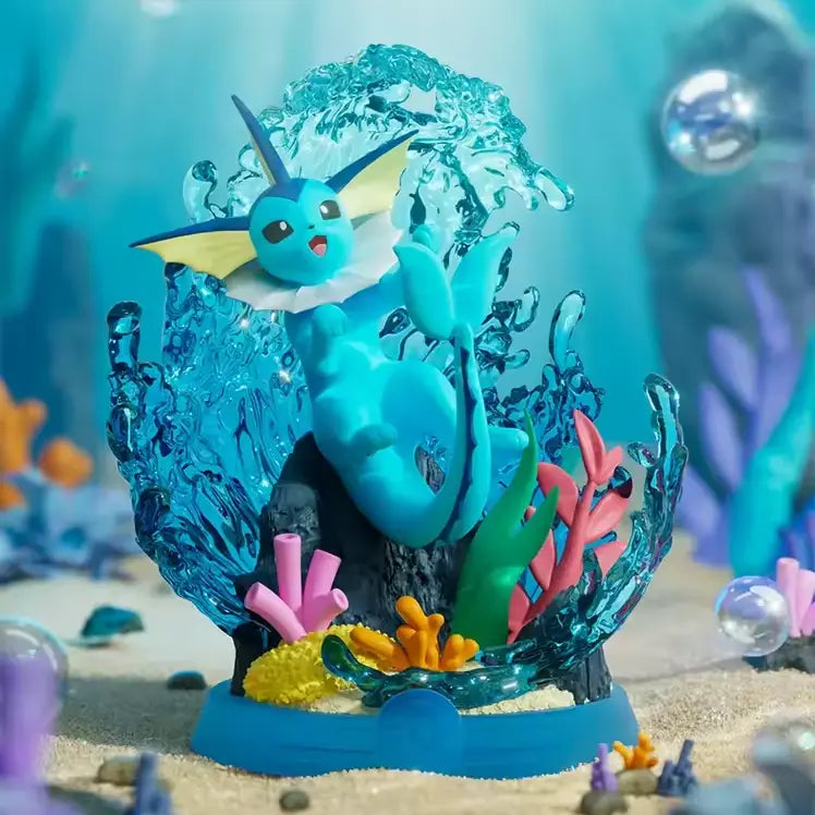 Relax & Enjoy Evee Blind Box featuring Vaporeon in a vibrant underwater diorama with colorful corals.