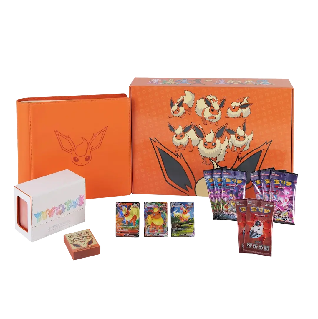 Flareon Advanced Gift Box featuring Flareon VMAX promo cards and booster packs in vibrant orange packaging.