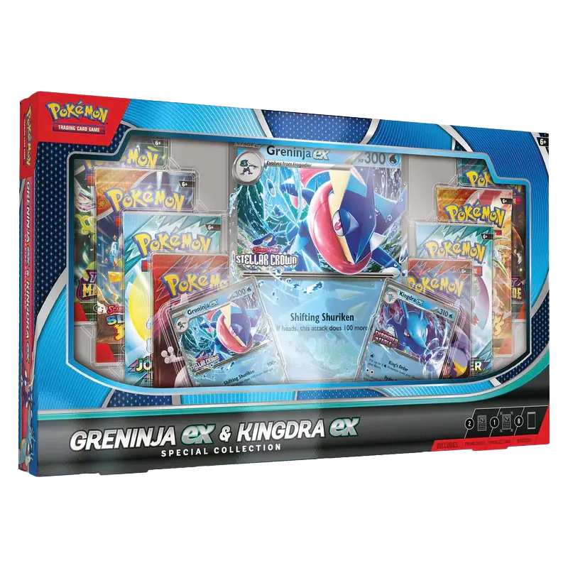 Greninja ex Kingdra ex Special Collection featuring Pokémon TCG cards and boosters in vibrant packaging.
