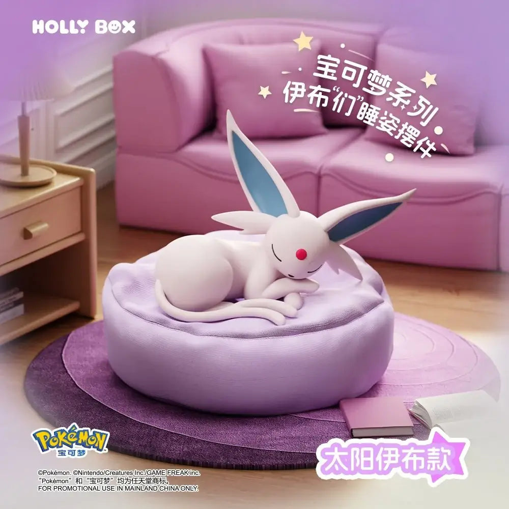 Sleeping Eeveelution Blind Box featuring a cute sleeping Sylveon figure on a matching cushion.