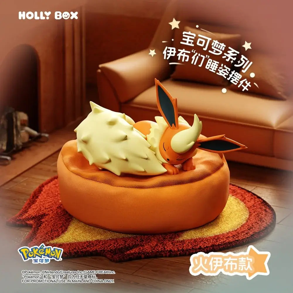 Sleeping Eeveelution Blind Box featuring Flareon on a cozy cushion in a playful setting.
