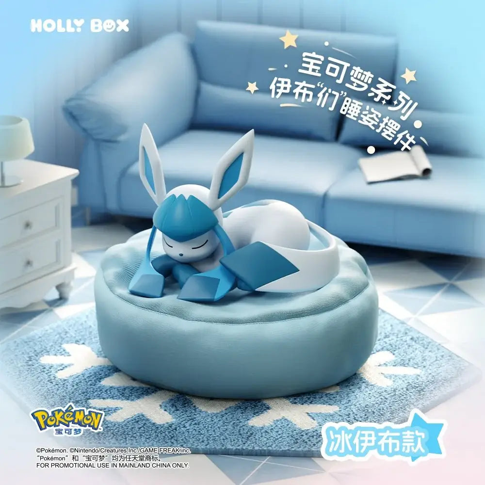 Sleeping Eeveelution Blind Box features Glaceon figure resting on a blue cushion, perfect for Pokémon collectors.