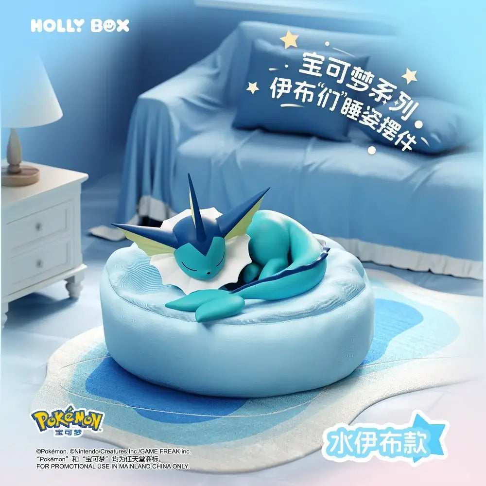 Sleeping Eeveelution Blind Box featuring Vaporeon in a cozy cushion setting.