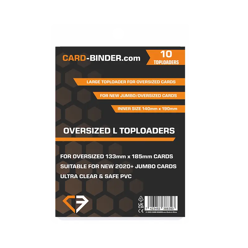 L Oversized Toploaders pack featuring 10 protective toploaders for new 2020+ jumbo cards, ensuring safety against scratches and bending.