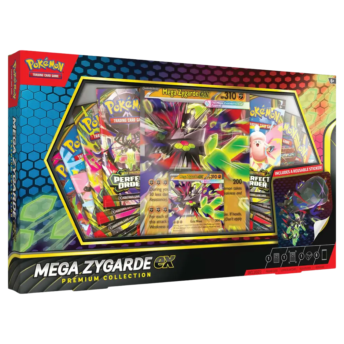 Zygarde Premium Collection (Live-stream) featuring Mega Zygarde ex and trading cards in a vibrant box design.