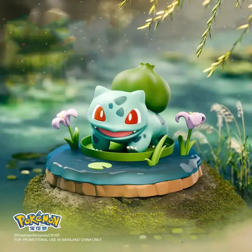 Pokémon Nature Figure featuring Bulbasaur in a serene pond with flowers.