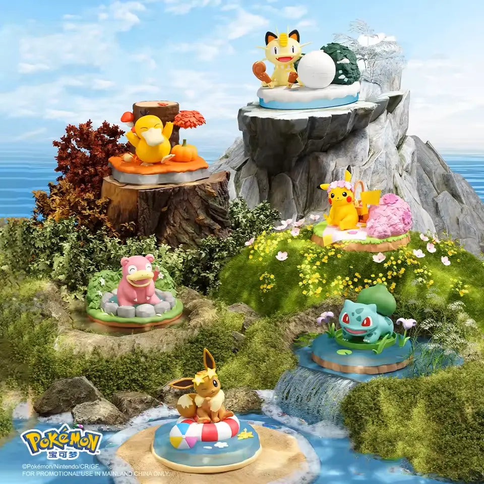 Pokémon Nature Figure display featuring Pikachu, Meowth, Eevee, Bulbasaur, Psyduck, and Slowpoke on a scenic landscape.