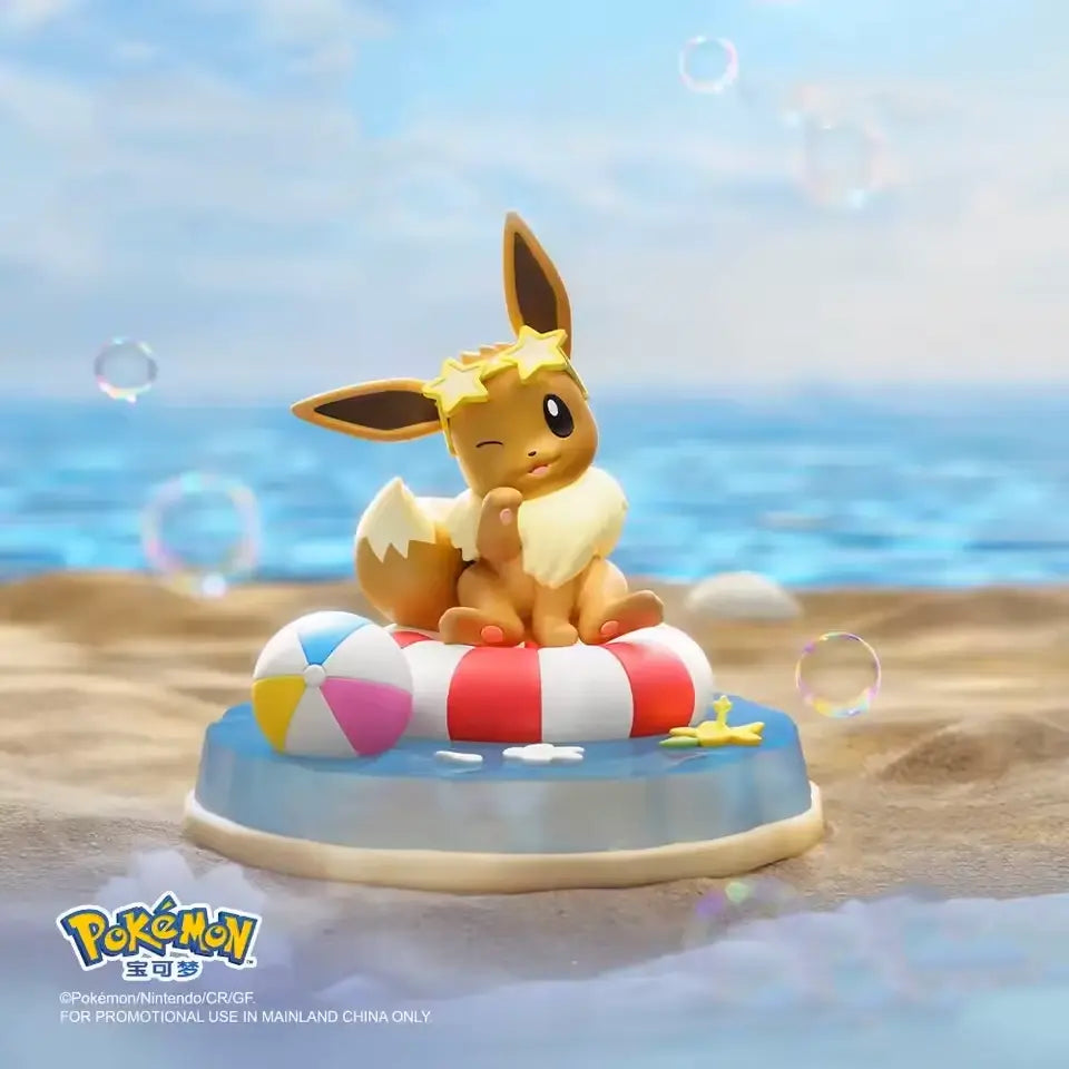 Eevee enjoying summer on a floaty in the sea, part of the Pokémon Nature Figure collection.