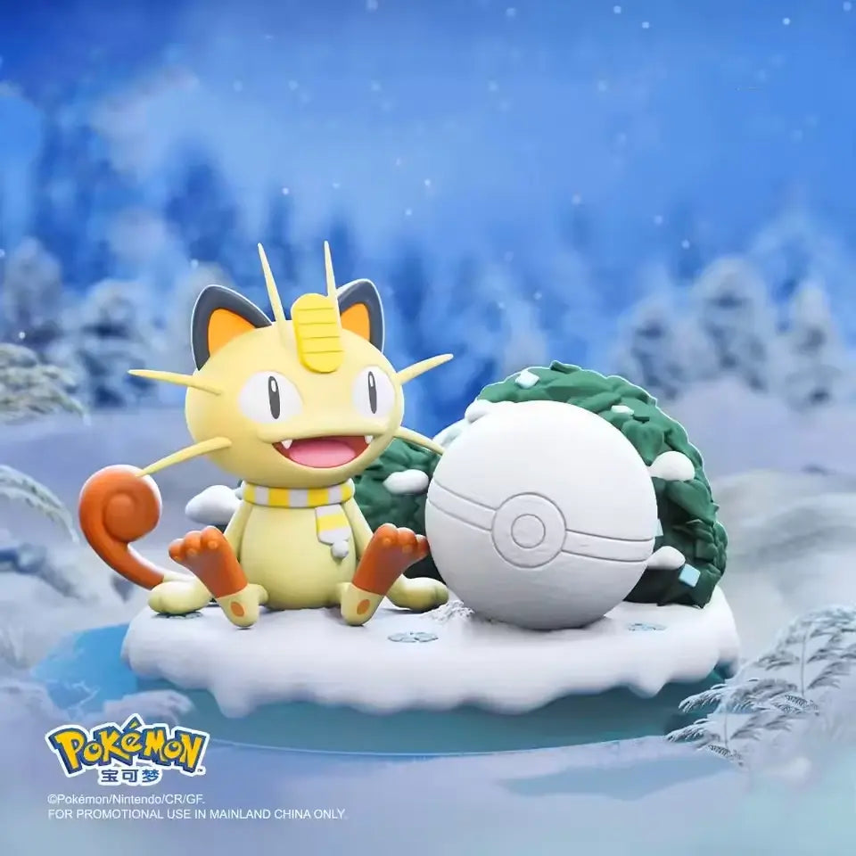 Pokémon Nature Figure featuring Meowth playing near a Poké Ball in a snowy landscape.