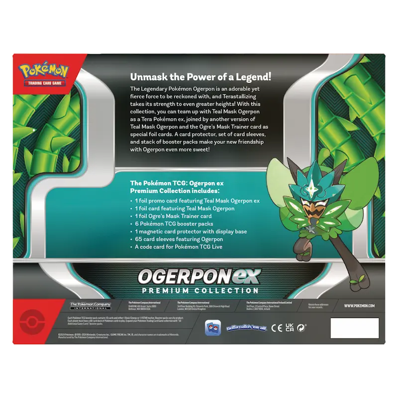 Ogerpon EX Collection back design featuring Teal Mask Ogerpon and details of included cards and accessories for Pokémon TCG.