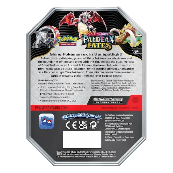 Paldean Fates EX Tin featuring Shiny Pokémon and Great Tusk, showcasing unique abilities and exciting creatures.