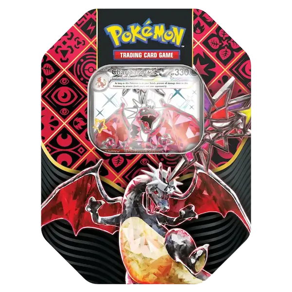 Paldean Fates EX Tin featuring Shiny Charizard, Pokémon TCG product, includes shiny Pokémon from the Scarlet set.