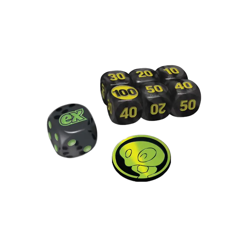Perfect Order Elite Trainer Box gaming dice and tokens, featuring black design with green details for Pokémon TCG.