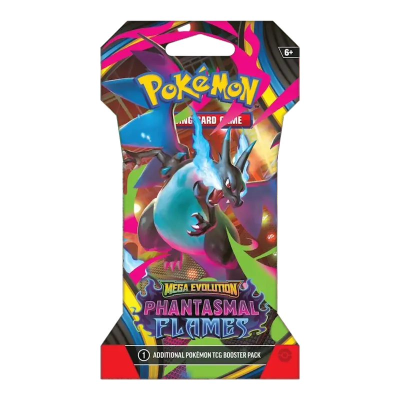 Phantasmal Flames Sleeved Booster (Live-stream) pack featuring Mega Charizard X from the Pokémon TCG.
