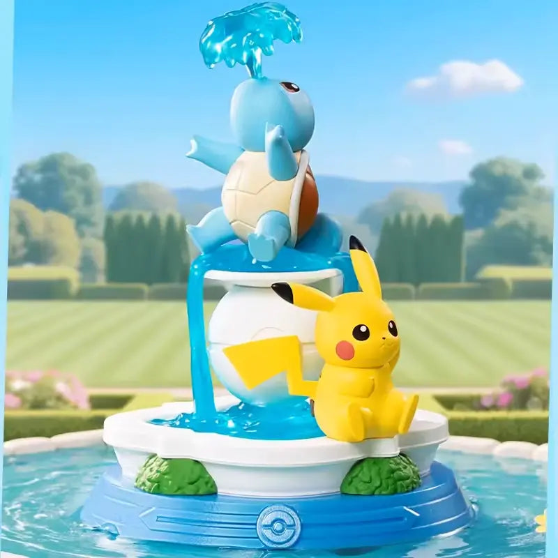Pikachu and Friends Figure Blind Box with Squirtle and Pikachu in a fountain setting.