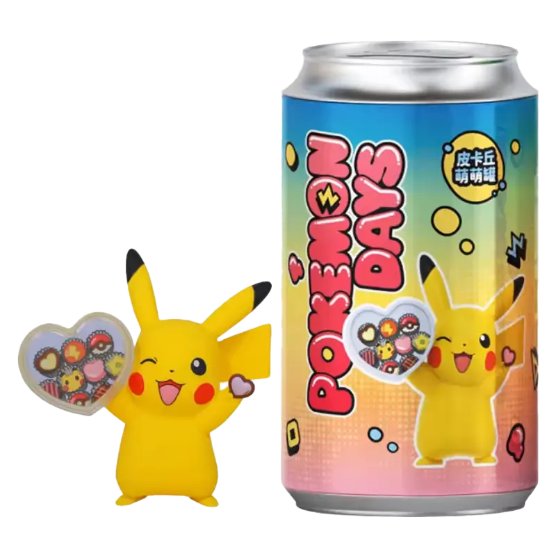 Pikachu Figure Cans featuring a Pikachu figure holding a heart-shaped tray and a colorful can from Pokémon Days.