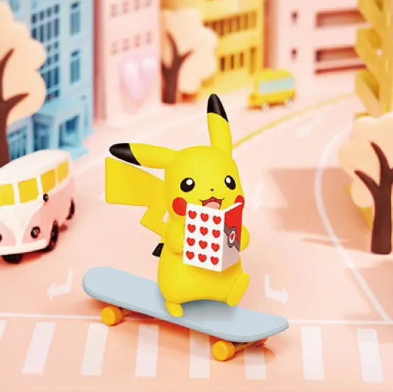 Pikachu Figure Cans featuring Pikachu on a skateboard holding a book, perfect gift for Pokémon fans.
