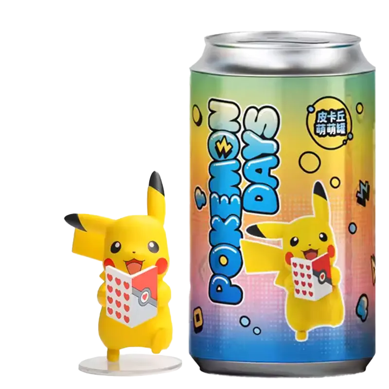 Pikachu Figure Cans featuring a Pikachu figure holding a book next to a colorful Pokémon-themed can.