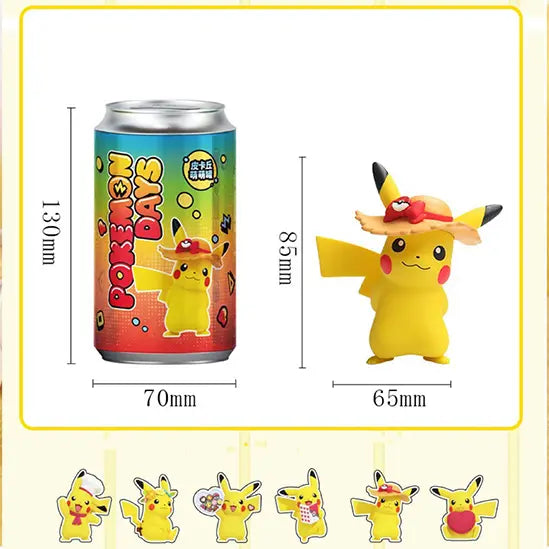 Pikachu Figure Cans featuring Pikachu in a straw hat next to a colorful Pokémon Days can.