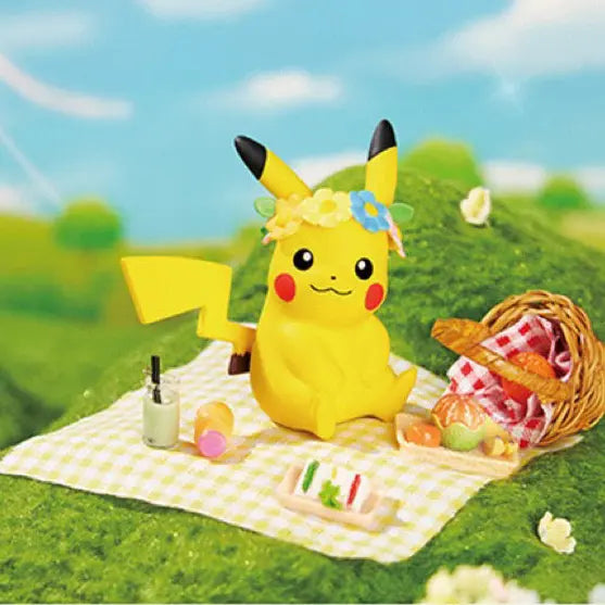 Pikachu Figure Cans featuring Pikachu with a floral headband at a picnic scene, perfect for Pokémon fans.