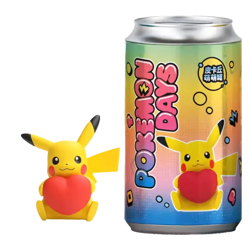 Pikachu Figure Cans featuring Pikachu figure with heart beside a colorful can, perfect gift for Pokémon fans.