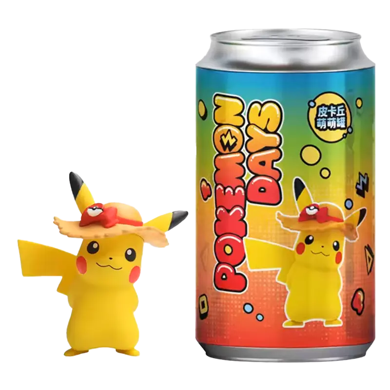 Pikachu Figure Cans featuring a Pikachu figure in a straw hat next to a Pokémon-themed can.